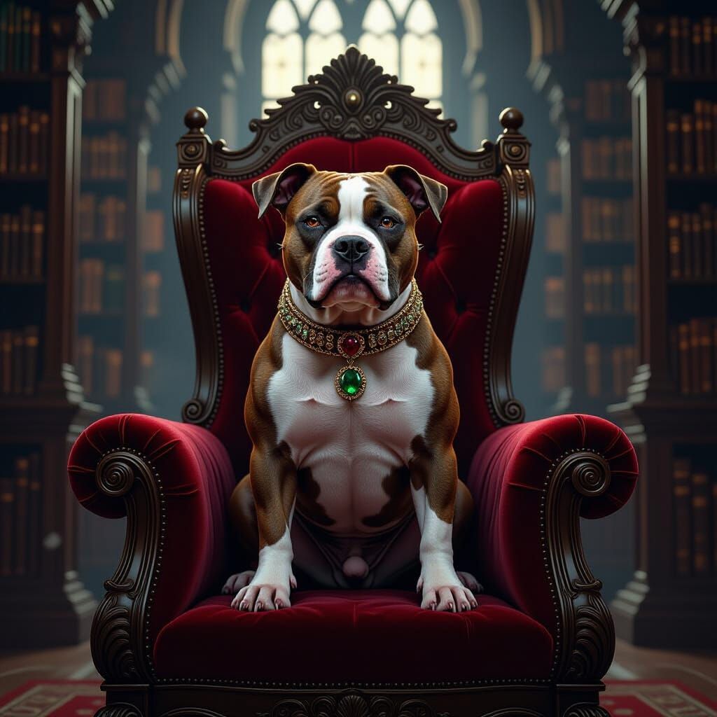 Regal Pitbull on Throne in Ancient Library Concept Art