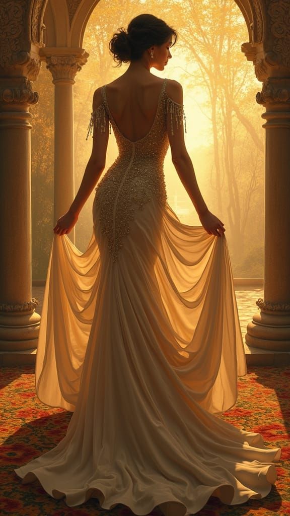 Elegant Lady in Flowing Gown, Golden Cinematic Lighting