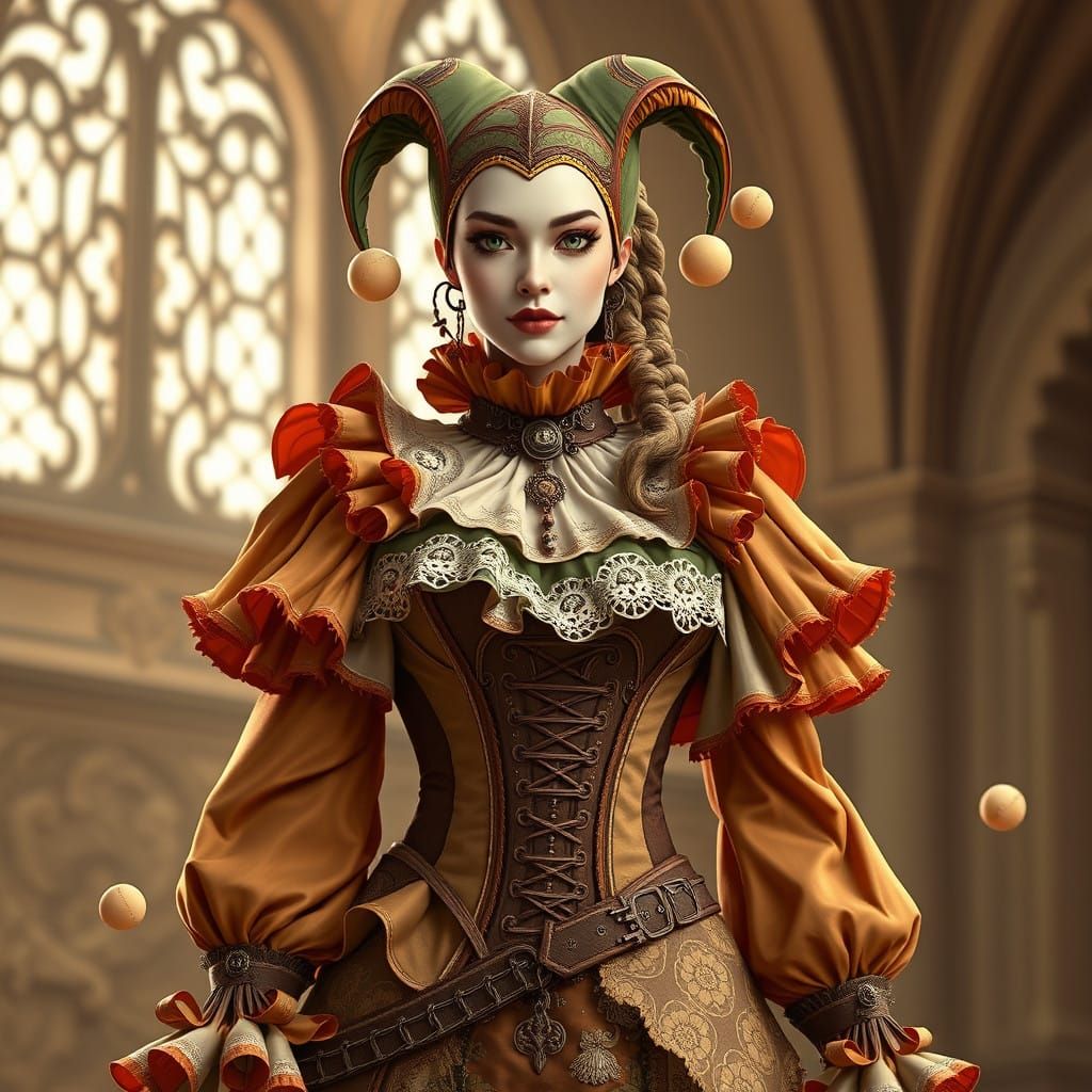 Elegant Harlequin Comic Book Character in Renaissance-Inspir...