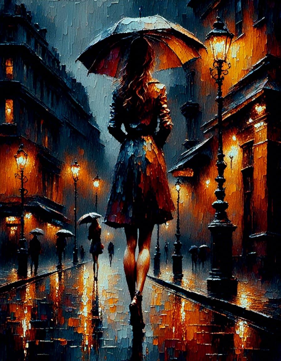 Rainy Street Corner Impasto Oil Painting