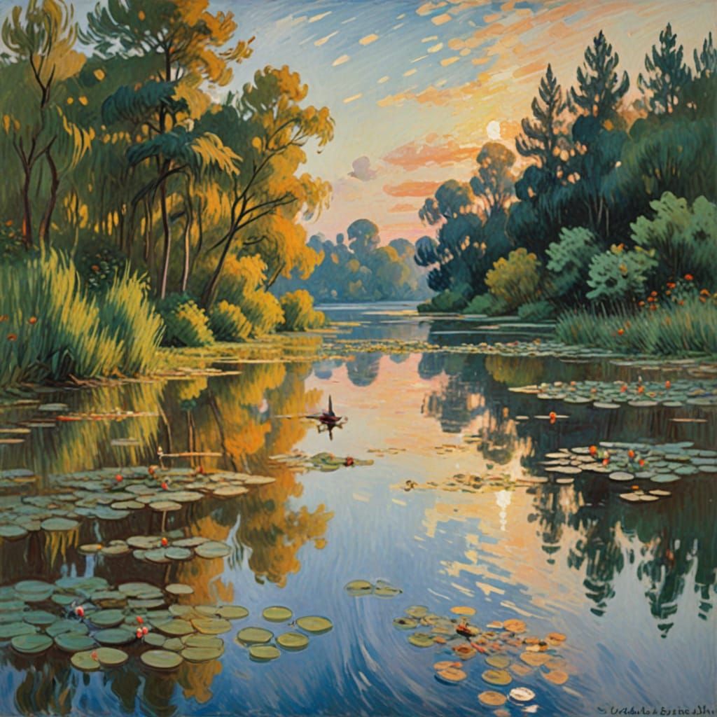 Ethereal Sunset Lake Scene in Impressionistic Honeypunk Styl...