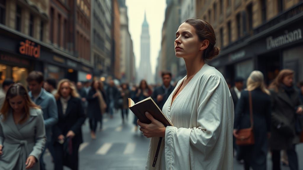 Solitary Woman with Book in Bustling Cityscape