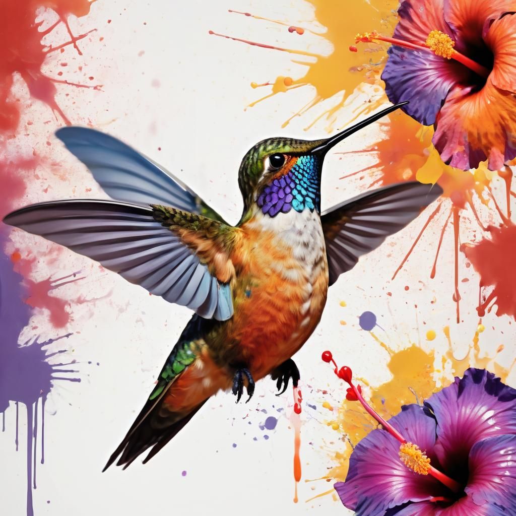 Vibrant Hummingbird Nectaring Hibiscus Flower: Digital Illus...