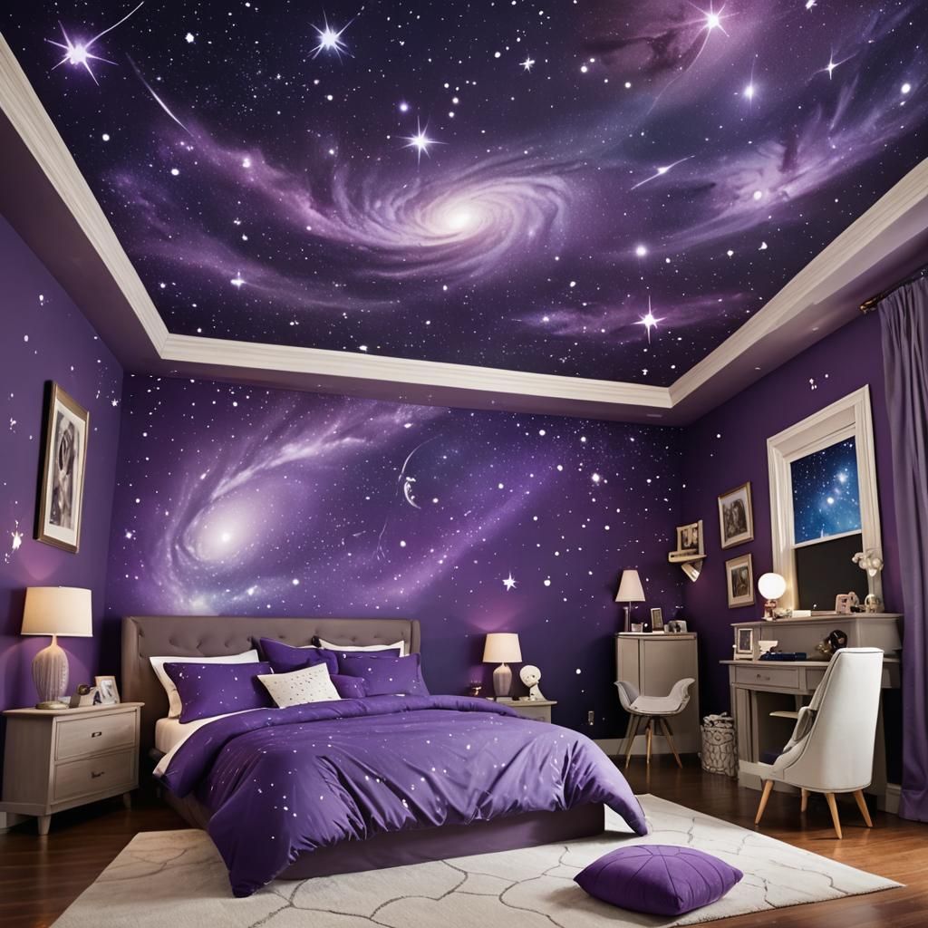 Purple Galaxy Bedroom with Starry Constellations