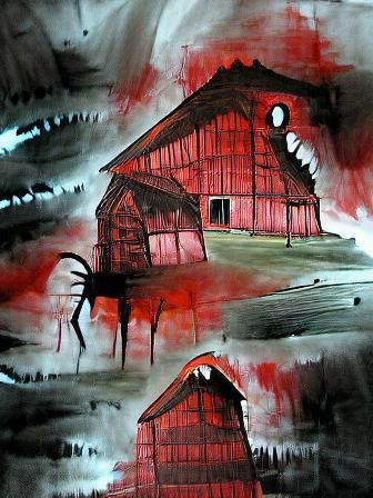 Horror Barn in Acrylic Paint and Ink