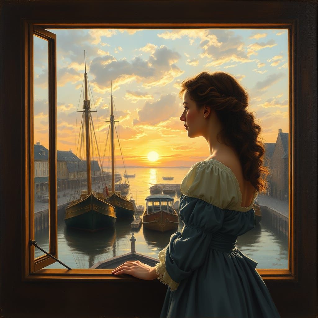 XVIIIth Century Oil Painting Of Woman At Harbour Sunset