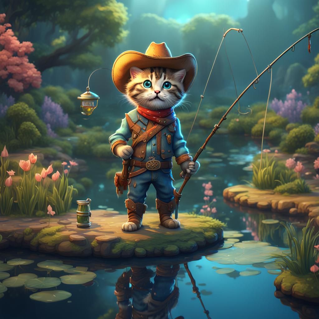 Cartoon Cowboy Kitten Fishing in Fantasy Pond