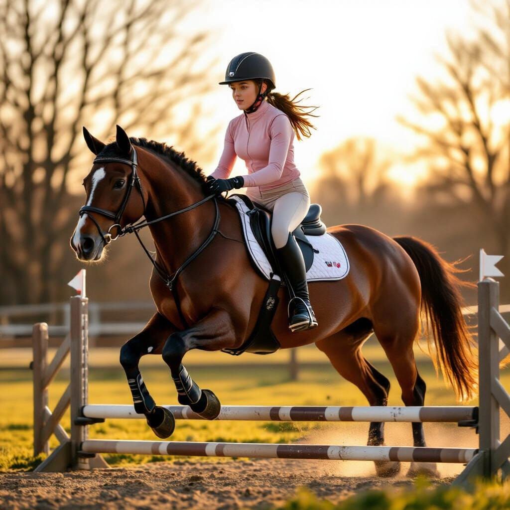 Teen Rider and Pony Clear Jump in Warm Sunlight