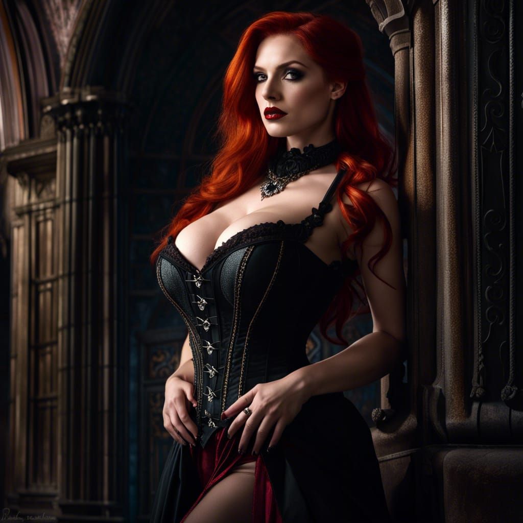 Redhead Vampire in Gothic Castle: Hyperrealistic Portrait