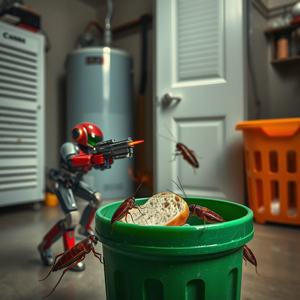 Red Robot Fires Weapons in Utility Room Portrait