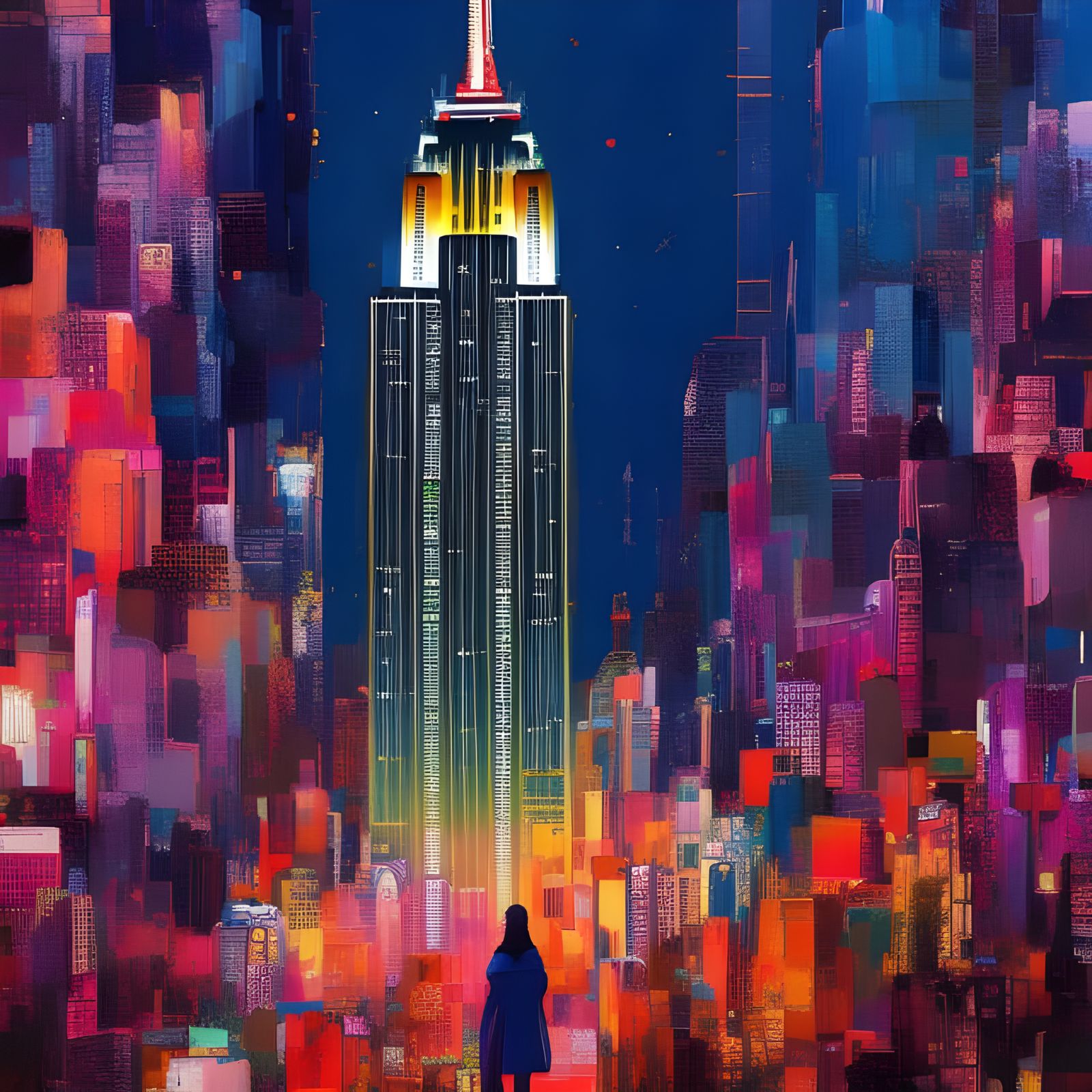 Girl at Empire State Building in Anime Style