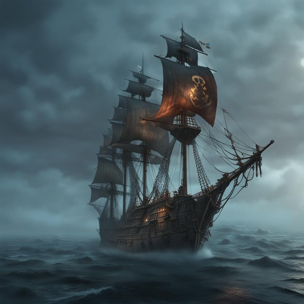 Ghost Pirate Ship on the Open Water in Matte Painting Style