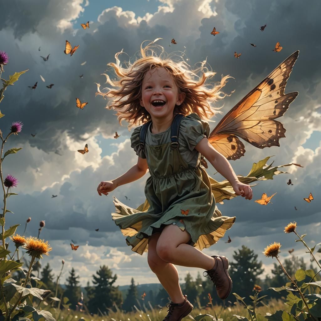 Laughing Fairy Child Flying High: Photorealism