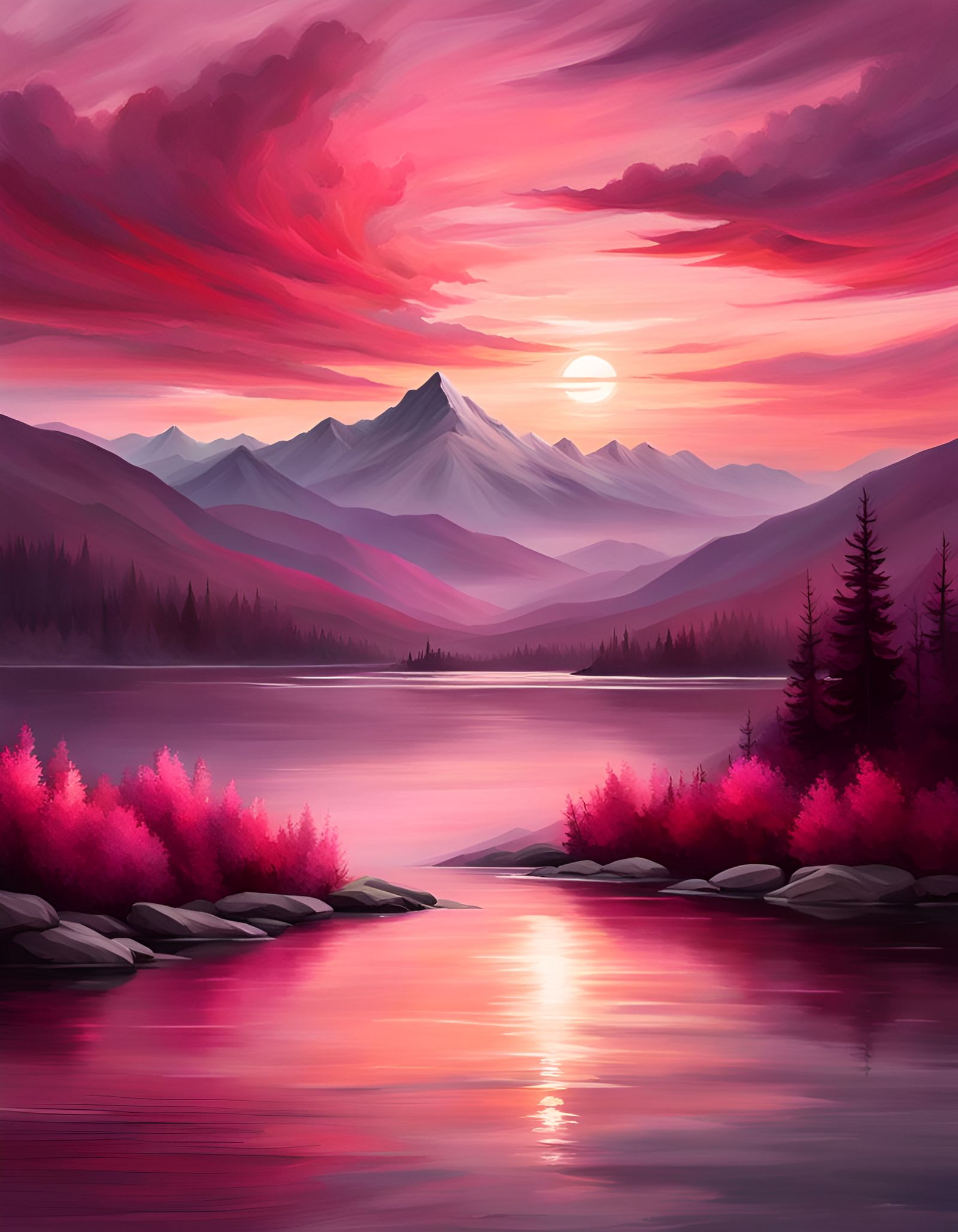 Matte Painting of Sunset Over Lake and Mountains