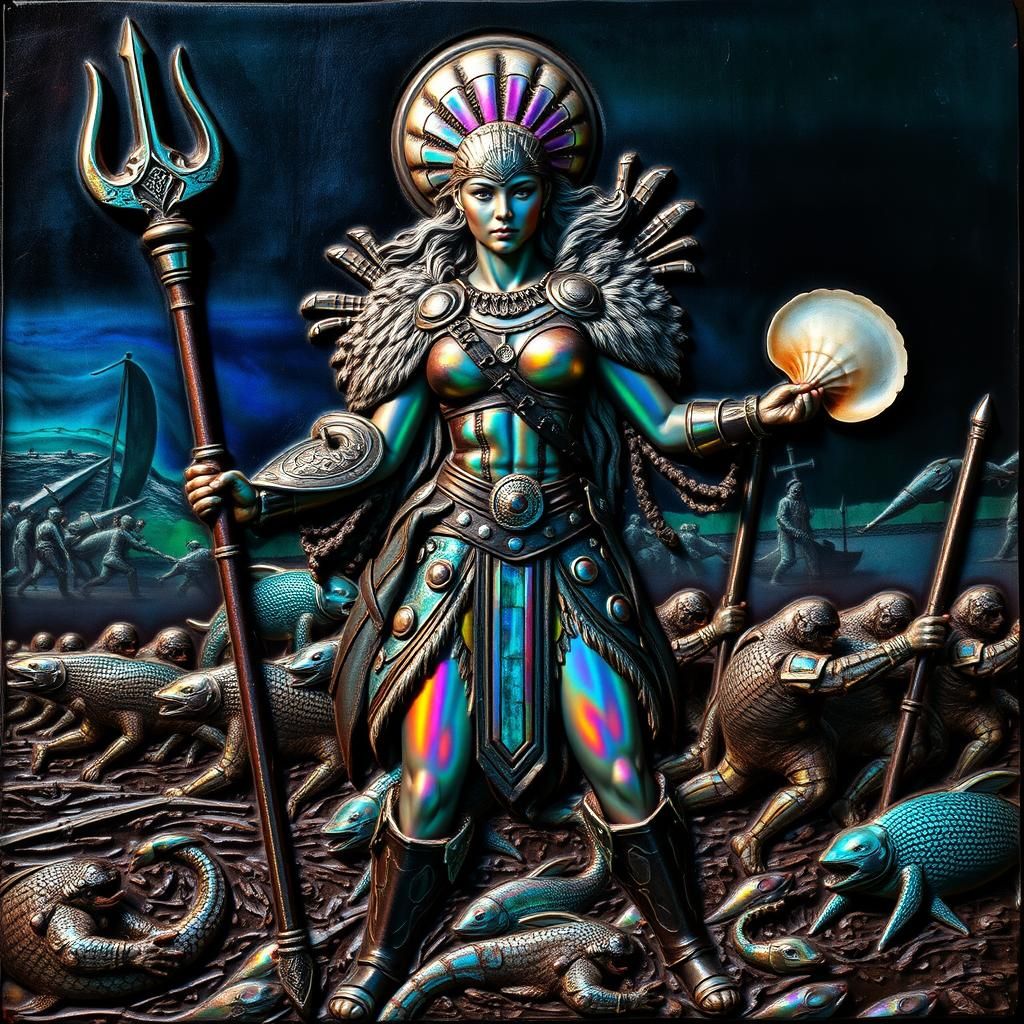 Ammolite Carving: Boudica's Prismatic Seascape Battle