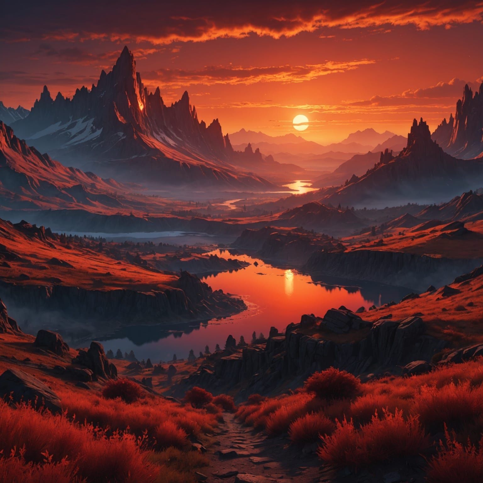 Fiery Red Sunset over Dreamy Landscape