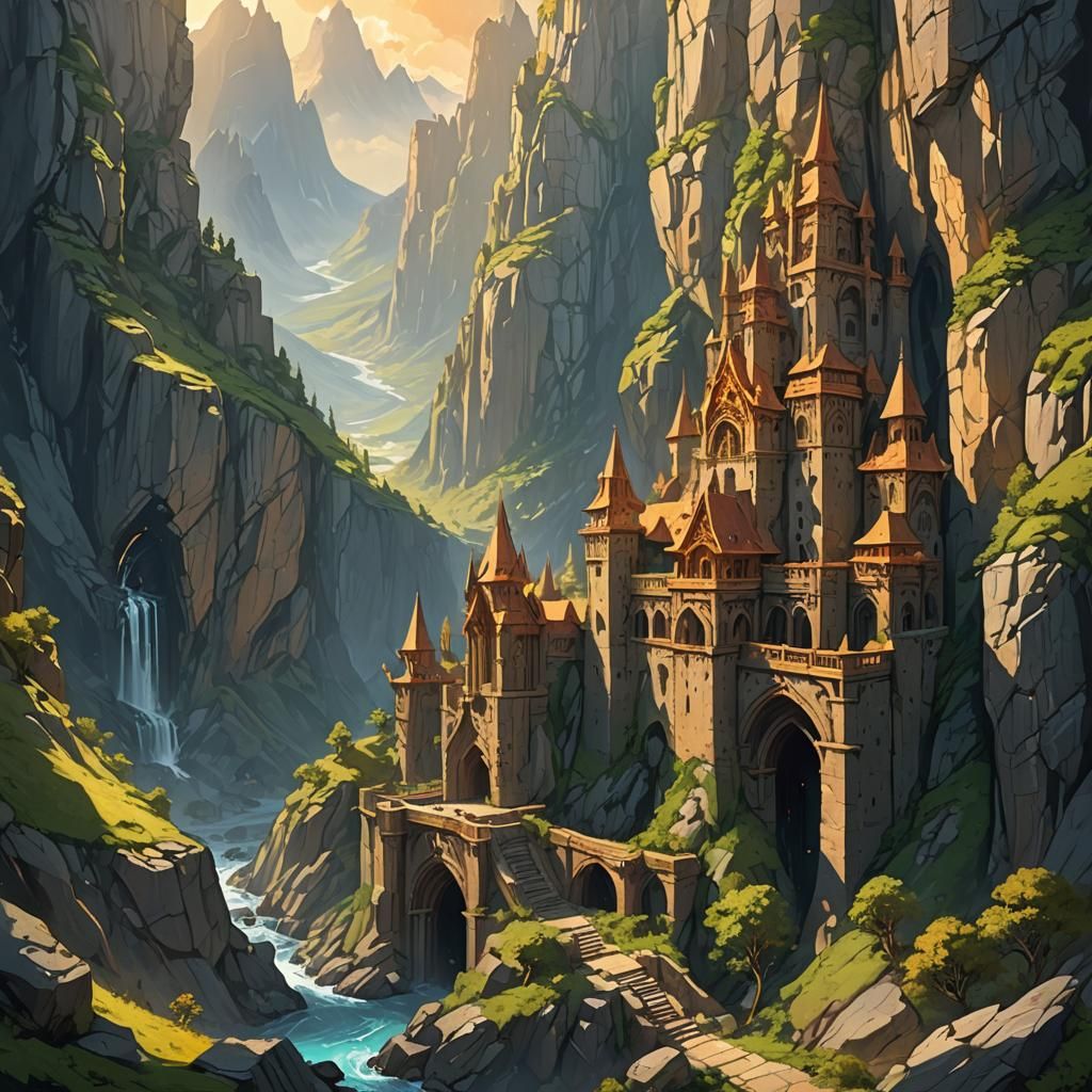 Epic Mountains with Dwarven Architecture in Art Nouveau Styl...