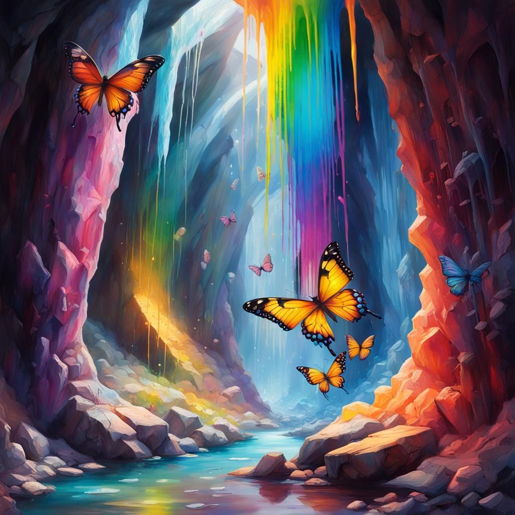 Crystal Cave Stream with Rainbow in Graffiti Art