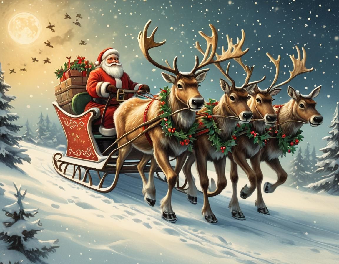 Santa's Sleigh in Snowy Night Sky: Vintage Illustration