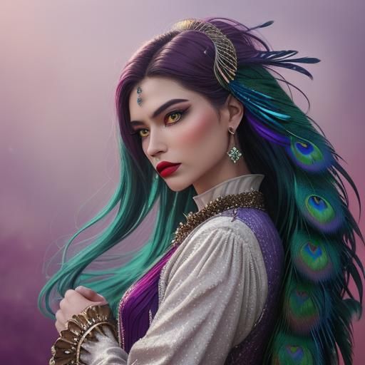 Stunning Woman with Peacock Feather Hair