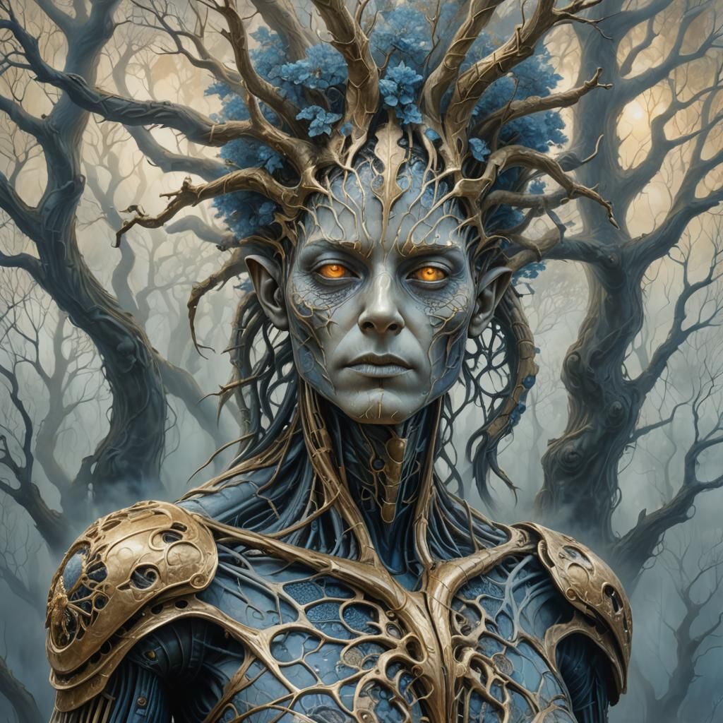 Surreal Tree Humanoid Portrait in Golden Light