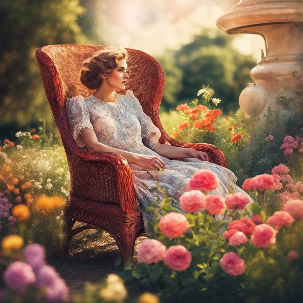 Woman in a Garden Chair with a Space Rocket in the Backgroun...
