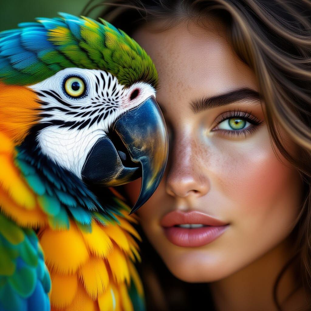 Woman and Macaw Portrait in Cinematic Lighting