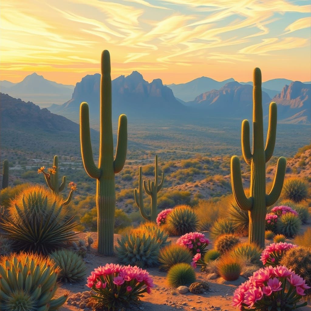 Sweeping American West Desert Landscape with Majestic Cacti