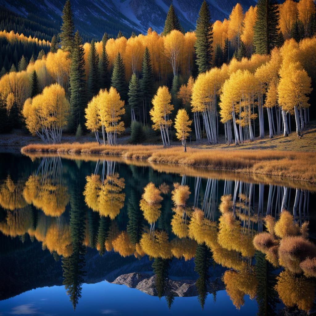 Autumn Aspen Trees Reflected in Mountain Lake