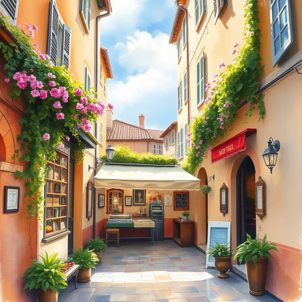 Cozy Pizza Shop in Sun-Drenched Alleyway