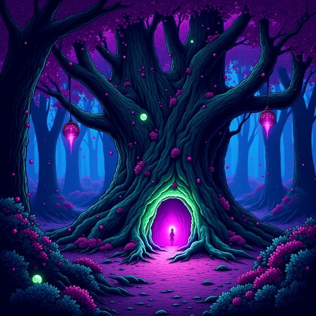 Fluorescent Cave Party in Gnarly Tree Trunk
