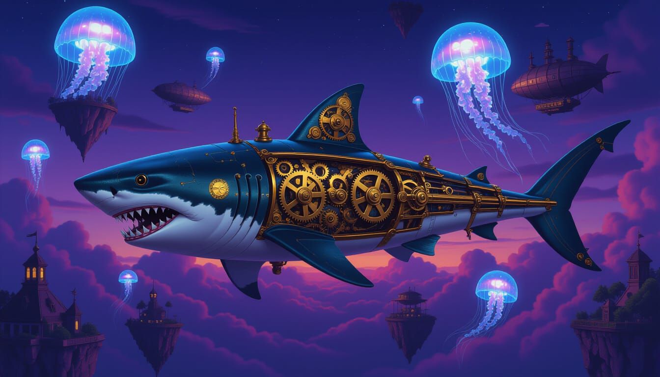 Clockwork Shark in Twilight Sky with Floating Islands