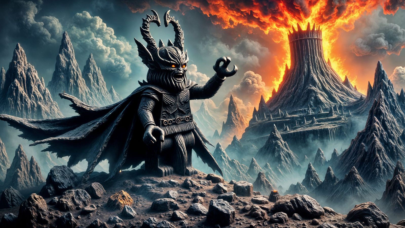 Lego Sauron on Mysterious Mountain with Mount Doom