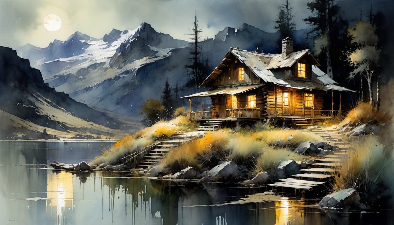 Mountain Cabin at Moonlit Dawn in Earthtone Watercolor