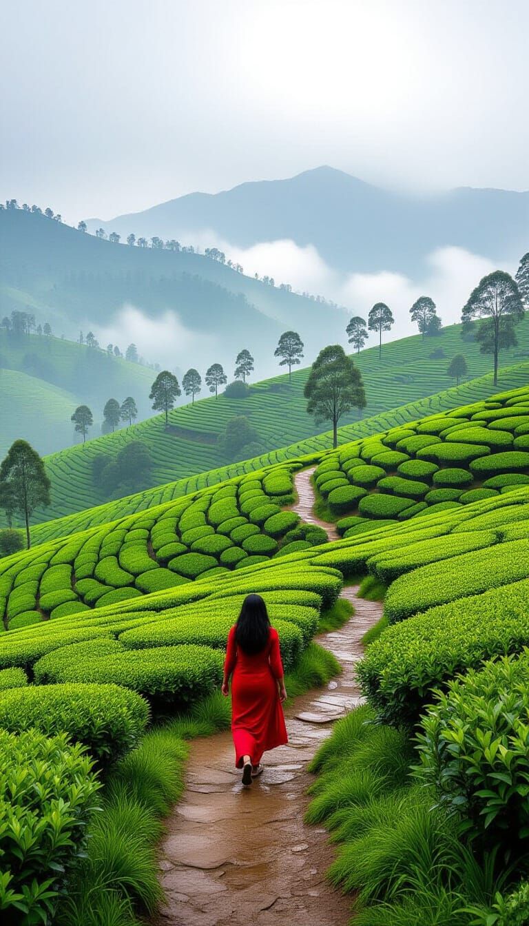 Munnar Morning: Woman in Kerala Tea Plantations, Indian Pain...
