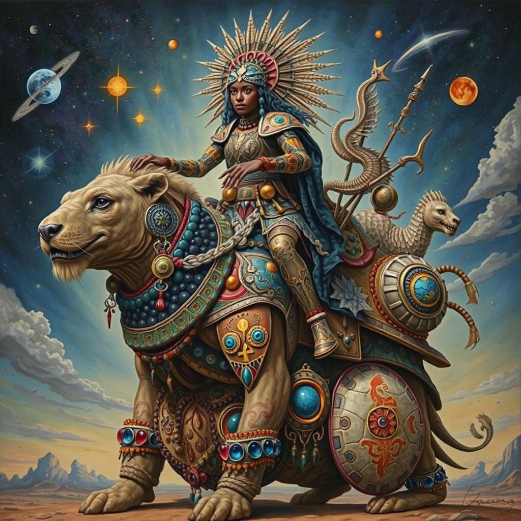 Cosmic-Visionary African WARRIOR LION RIDES turtle
Galactic-...