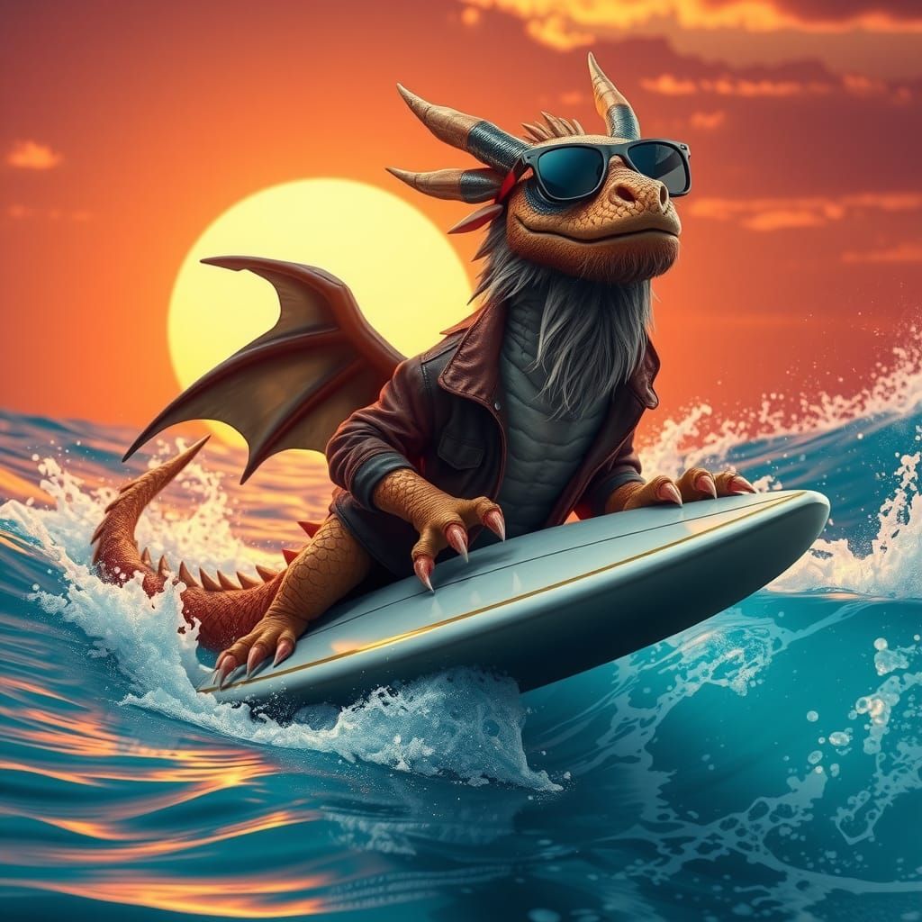 Bearded Dragon Surfing a Wave in Hyper-real Style