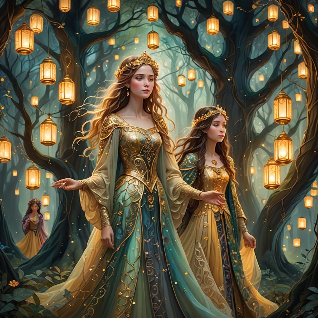 Enchanting Princess and Entourage in Klimt-Inspired Forest