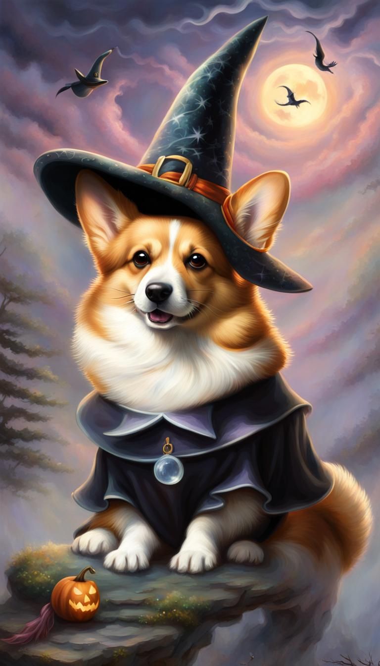 Corgi in Witch Hat, Ethereal Fantasy Art