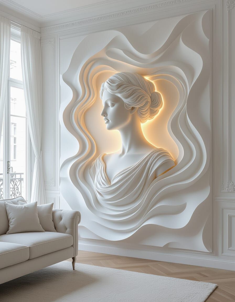 Intricate 3D Relief Art in Classic Room with Woman and Amber...