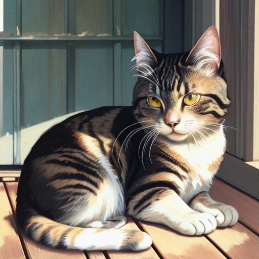 Whimsical Cat Oil Painting on Wooden Porch