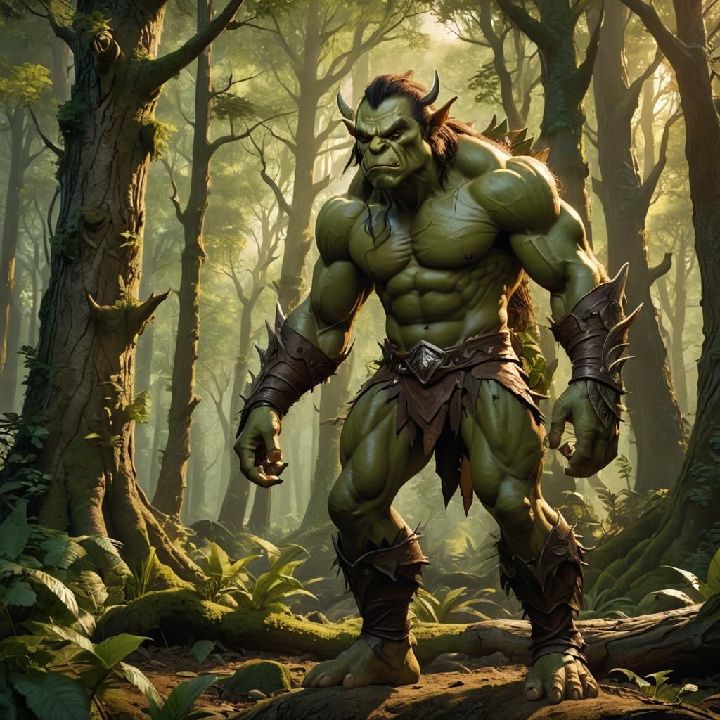 Muscular Goblin-Orc Hybrid in Mythical Forest