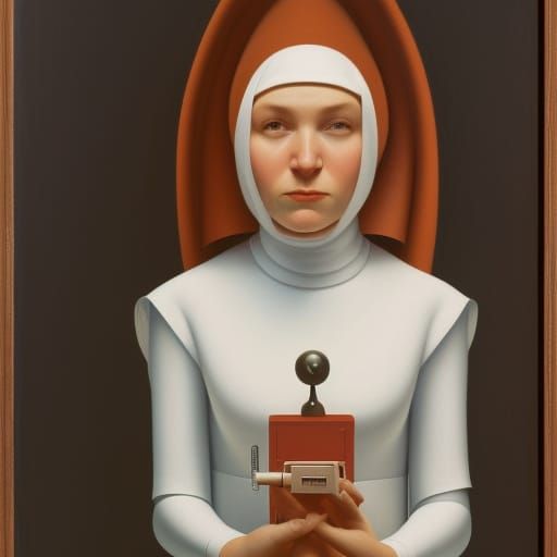 Medieval Nun with Futuristic Device in Stark Realism