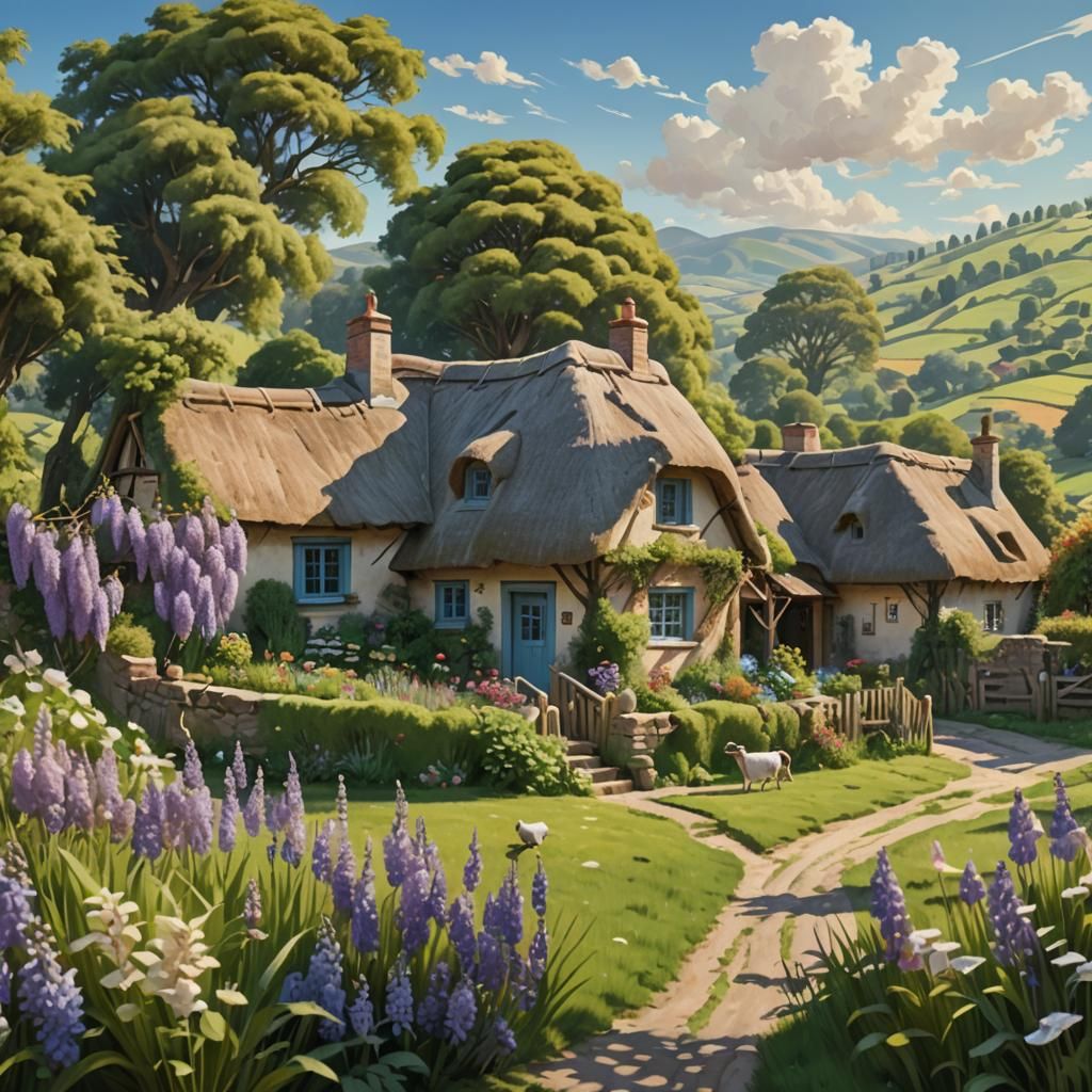 Impressionist Country Cottage with Wisteria and Herb Garden