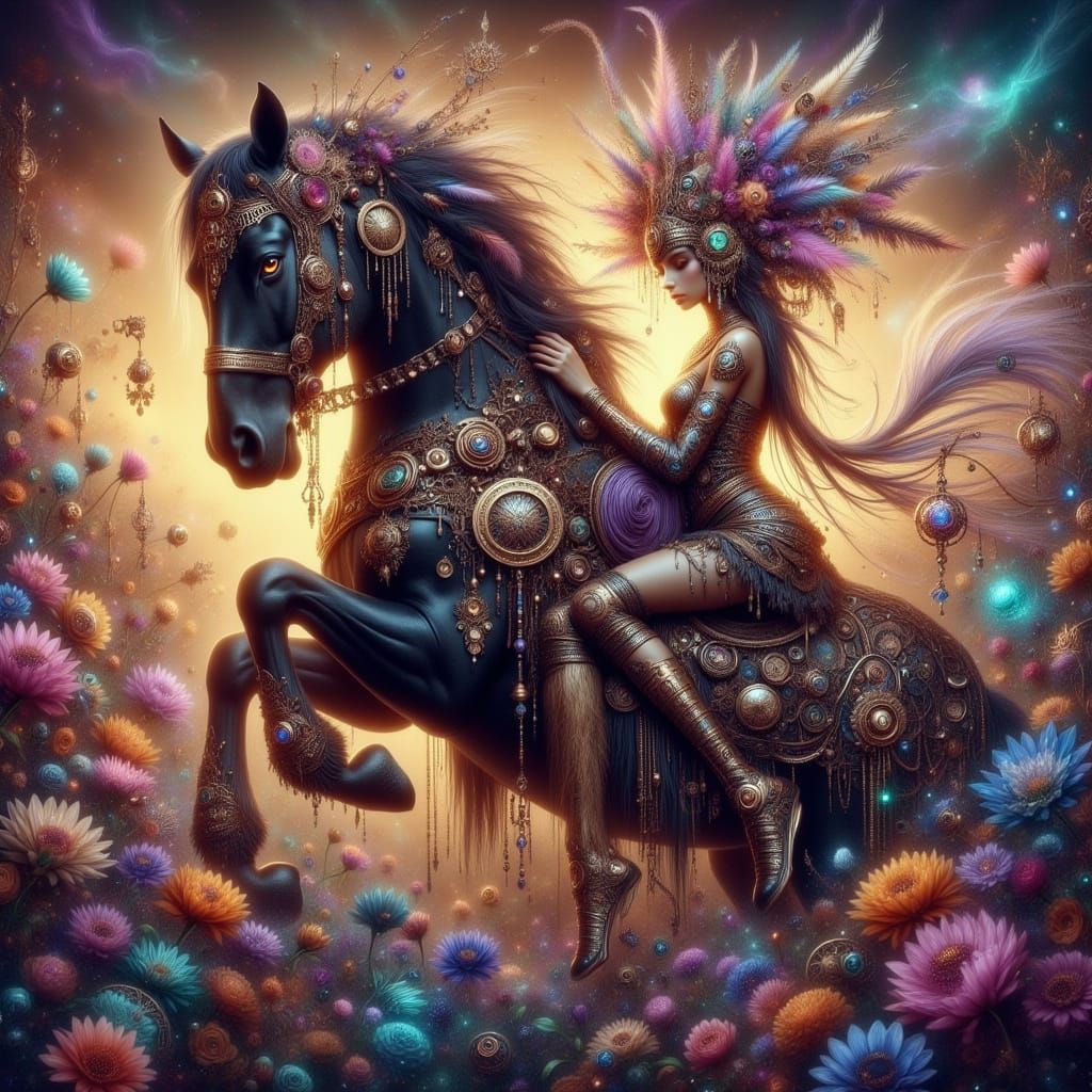 Steampunk Woman on Horse in Mystic Field