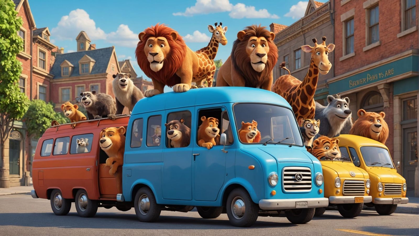 full body A 3D cartoon scene of a diverse group of animals (lion, giraffe, tiger, bear, monkey, dog, cat, beaver, hedgeh...