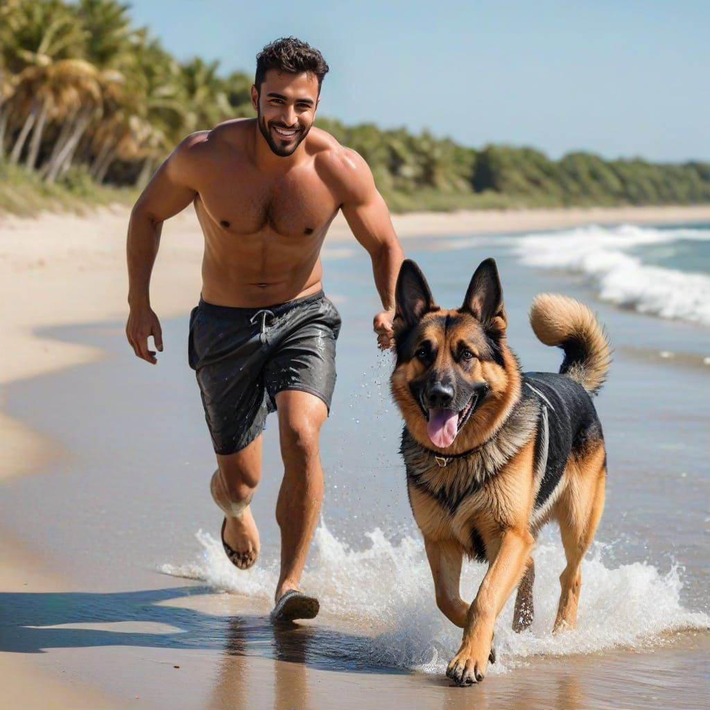 Man and Dog Running on a Sunny Beach