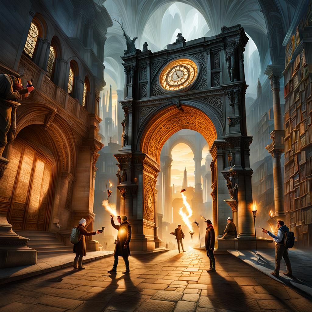 Men Approach Archway with Smartphone and Parchment