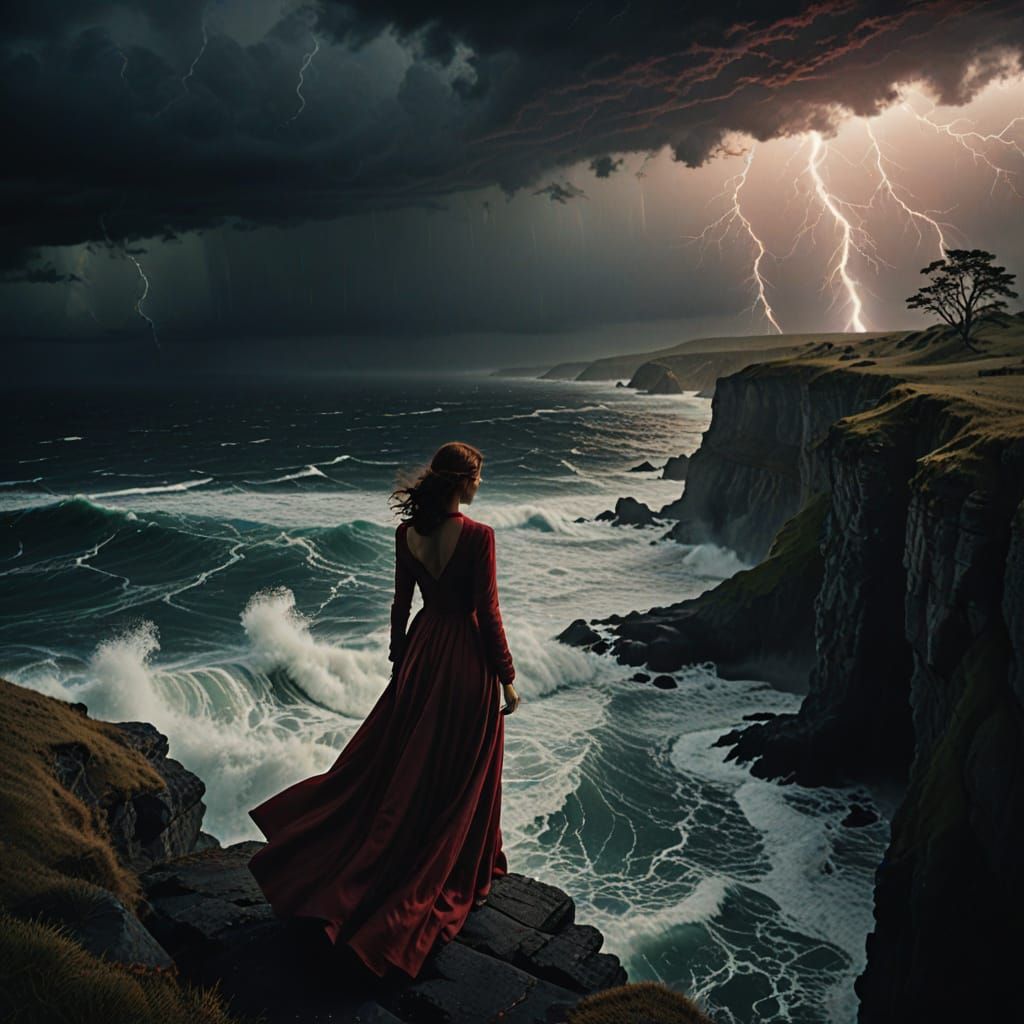 Woman in Crimson Gown on Cliff Overlooking Stormy Sea
