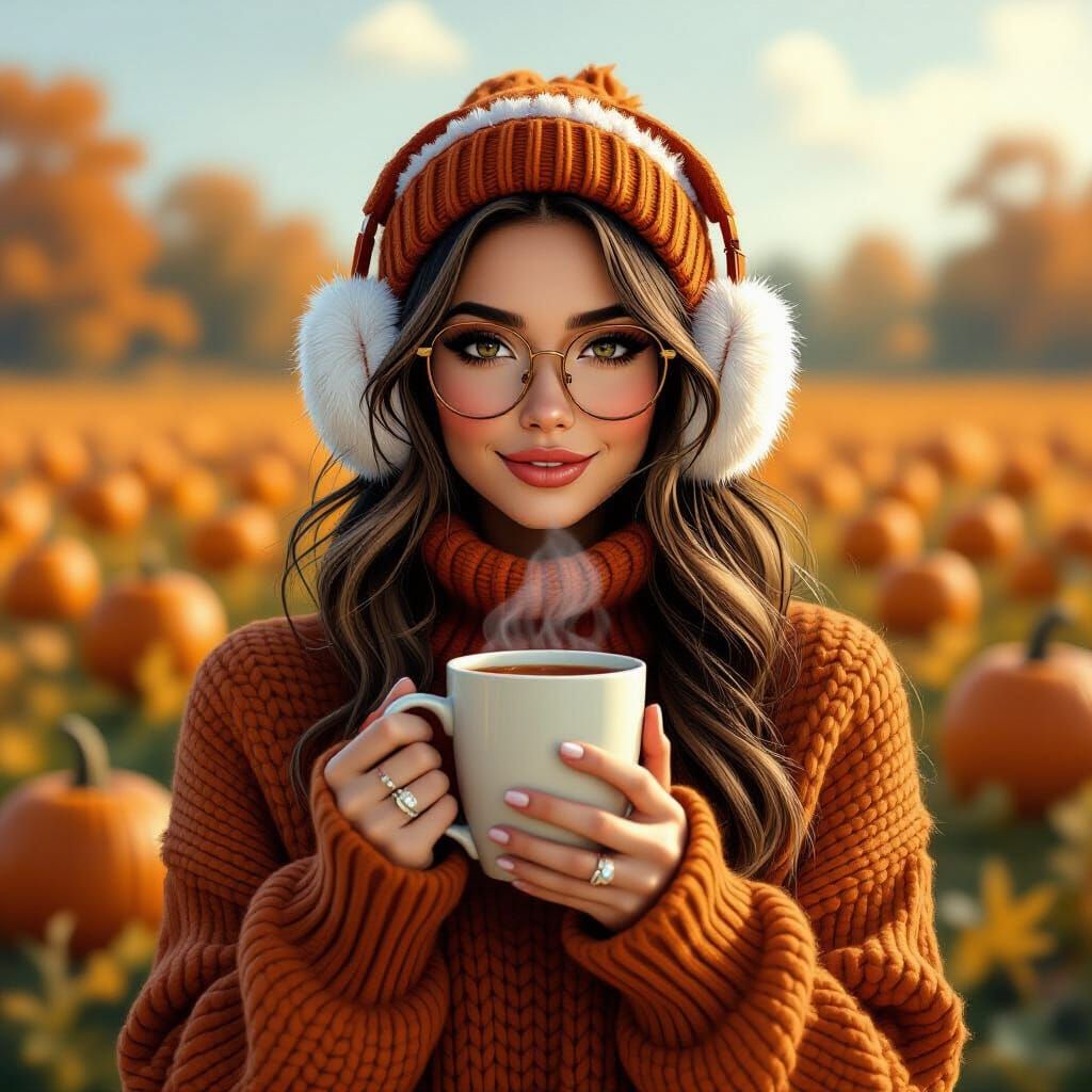 Autumn Woman with Cider in Pumpkin Patch